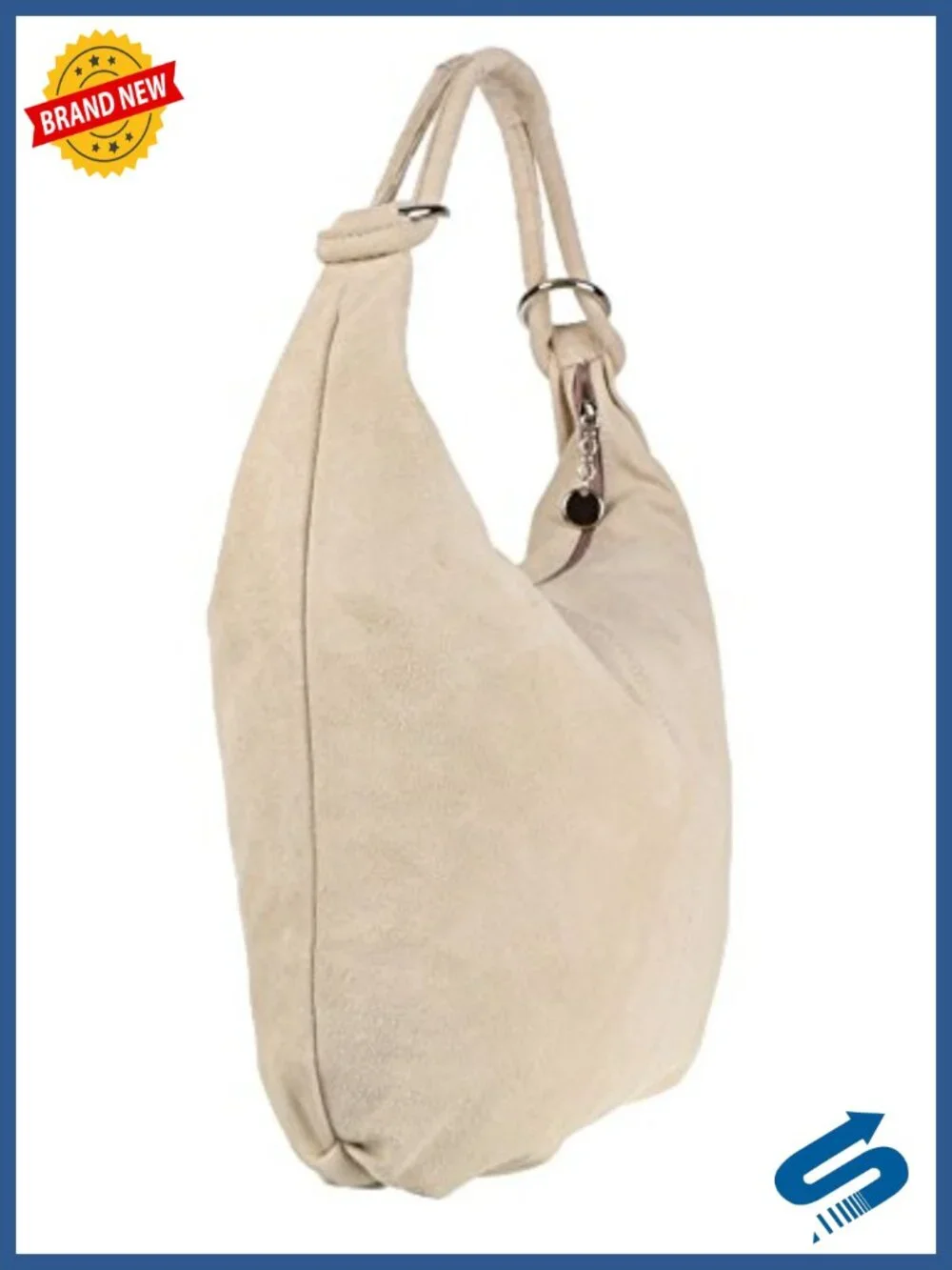 Genuine Italian Suede Leather Oversized Hobo Shoulder Bag, Top Zipper, Silver
